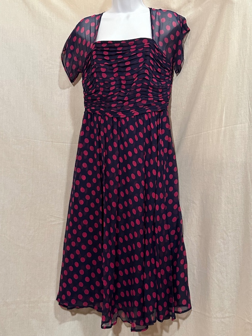 J.Peterman, 10 navy with pink polka dots A-line dress